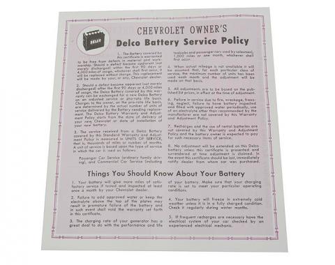 Corvette Card, Battery Warranty, 1956-1961